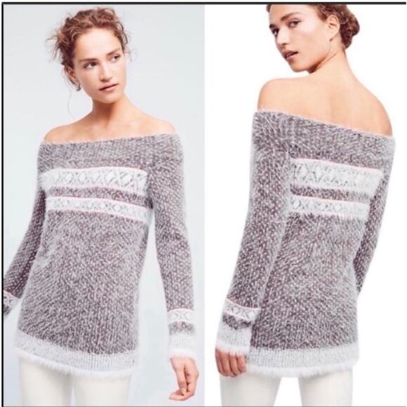 Sleeping On Snow Anthropologie Nordic Fuzzy Off The Shoulder Sweater - Picture 1 of 5